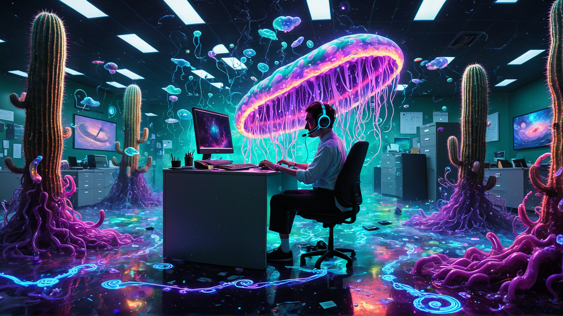 AI generated wallpaper featuring man, jellyfish, cactus