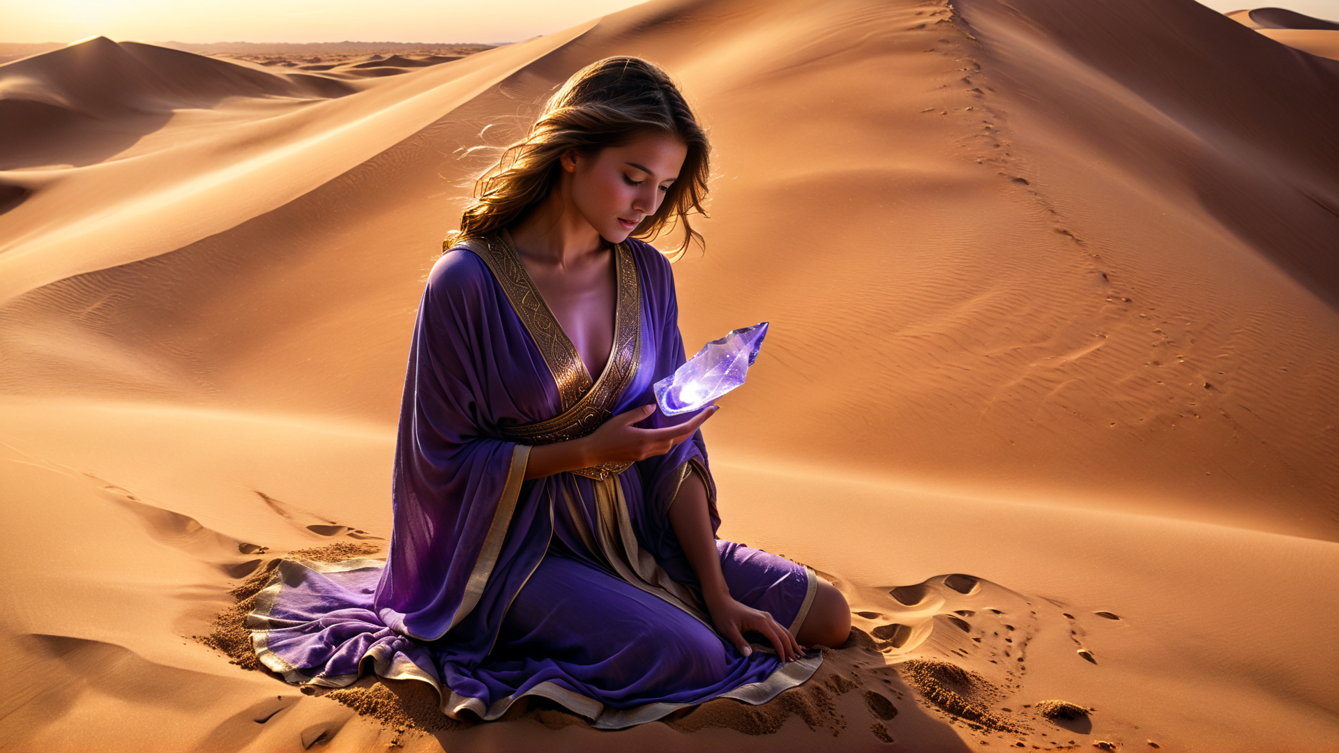 AI generated wallpaper featuring woman, crystal, desert