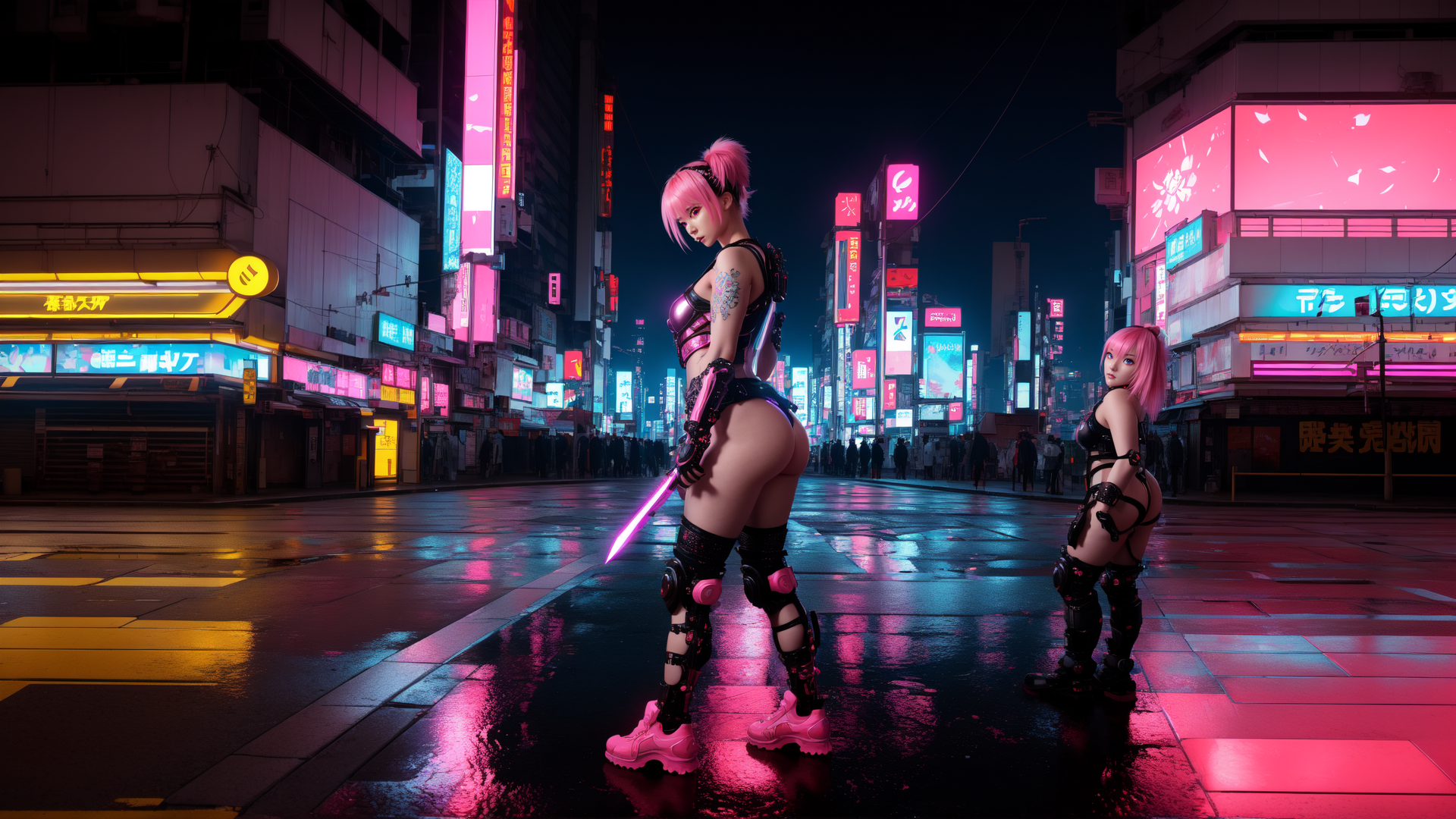 AI generated wallpaper featuring cyborg, girls, neon
