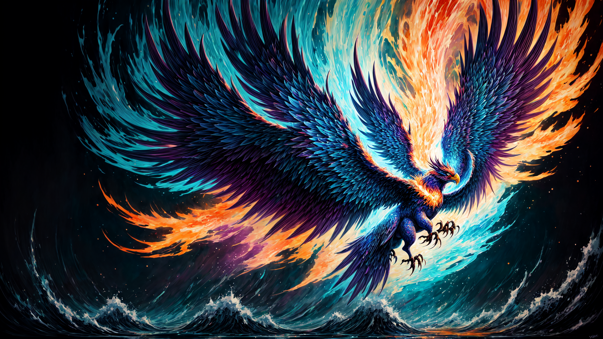 AI generated wallpaper featuring eagle, dragon, fire