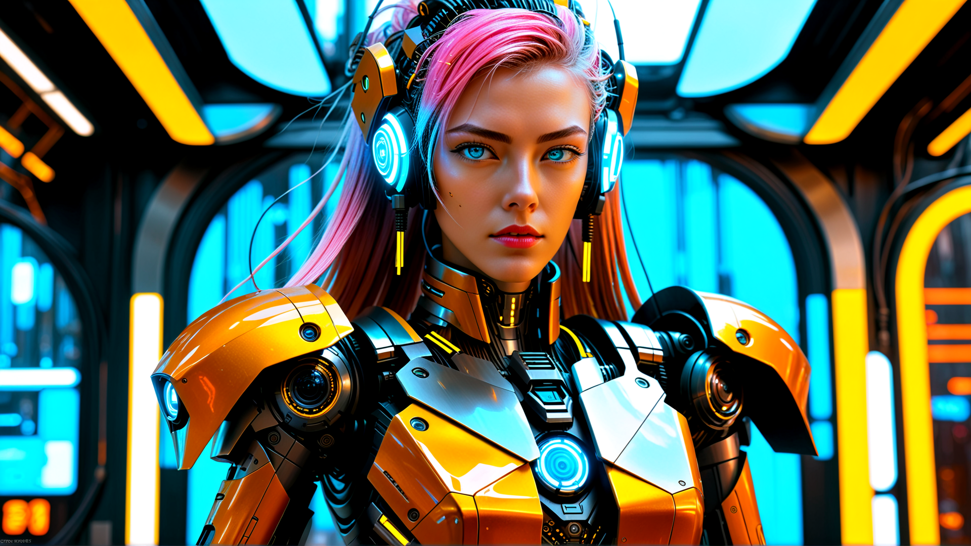 AI generated wallpaper featuring cyborg, robot, futuristic, headphones, surreal, mechanical, neon, cyberpunk, humanoid, glowing