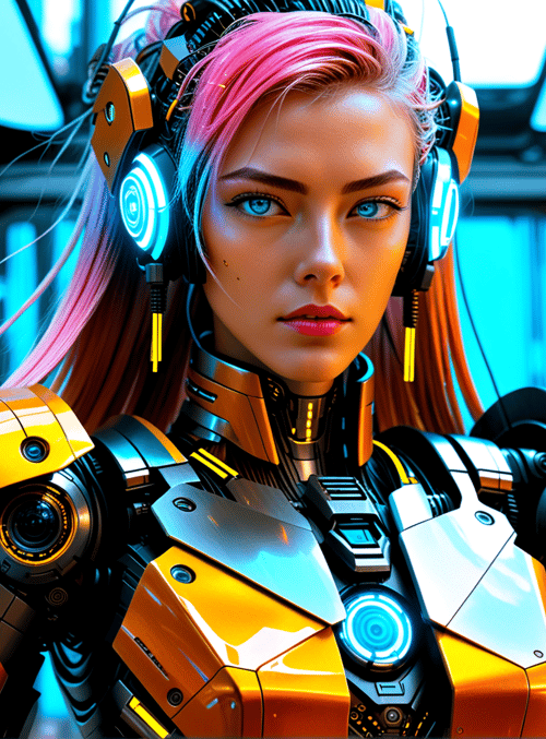 cyborg, robot, futuristic, headphones, surreal, mechanical, neon, cyberpunk, humanoid, glowing