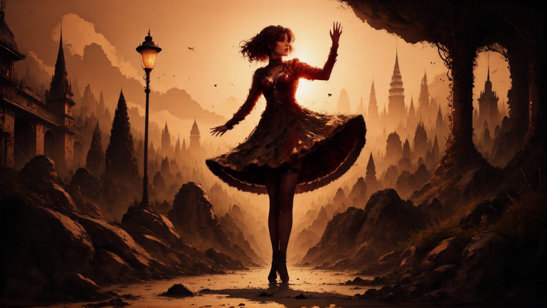 AI generated wallpaper featuring woman, dress, cityscape