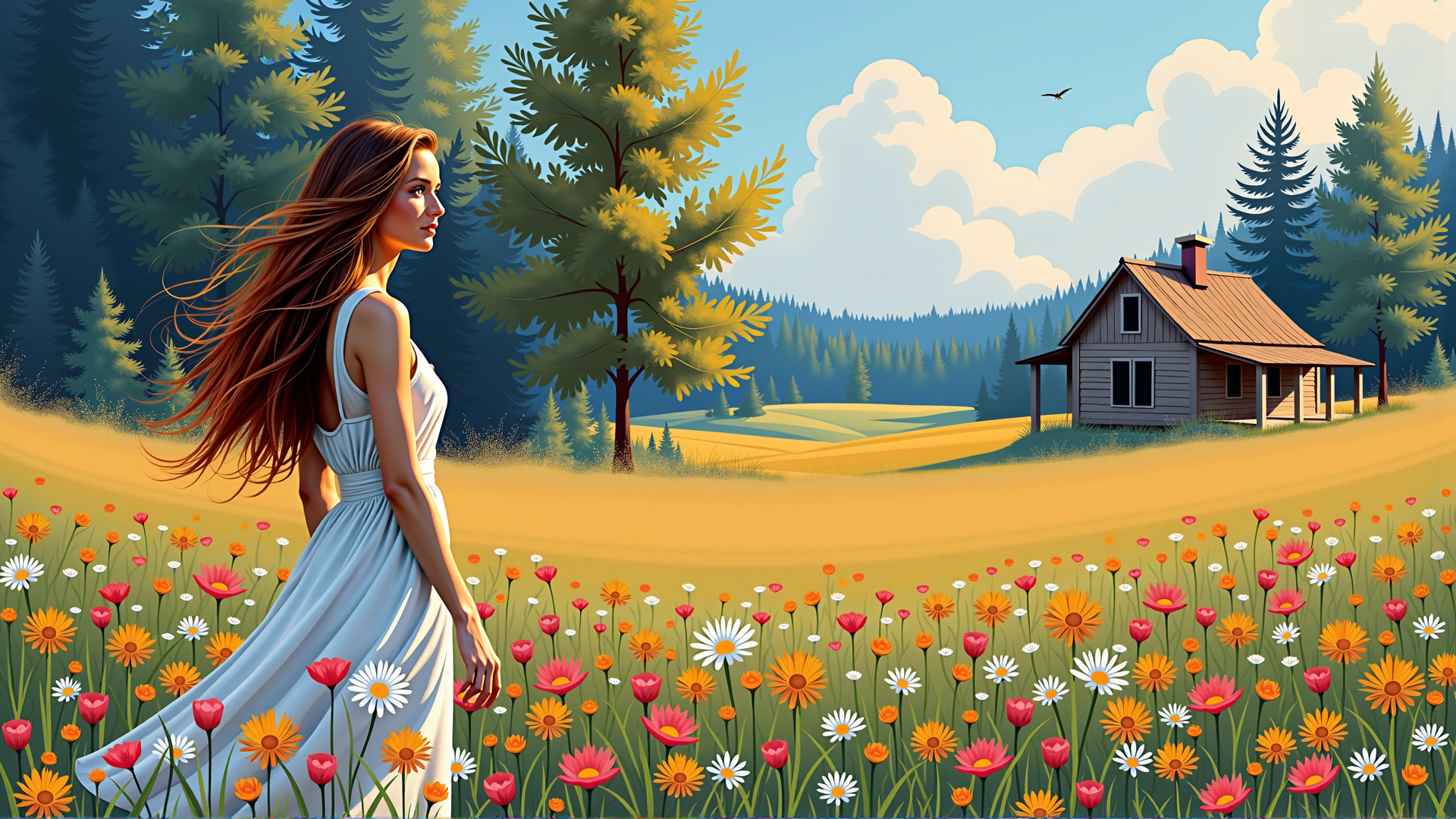 AI generated wallpaper featuring woman, flowers, house, trees