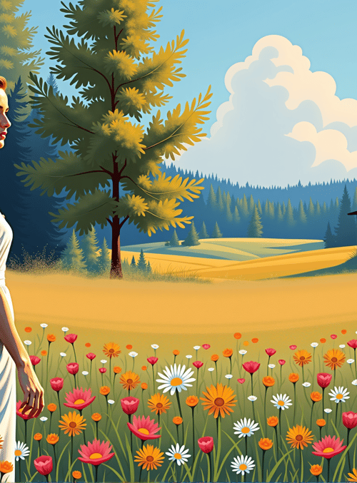 woman, flowers, house, trees