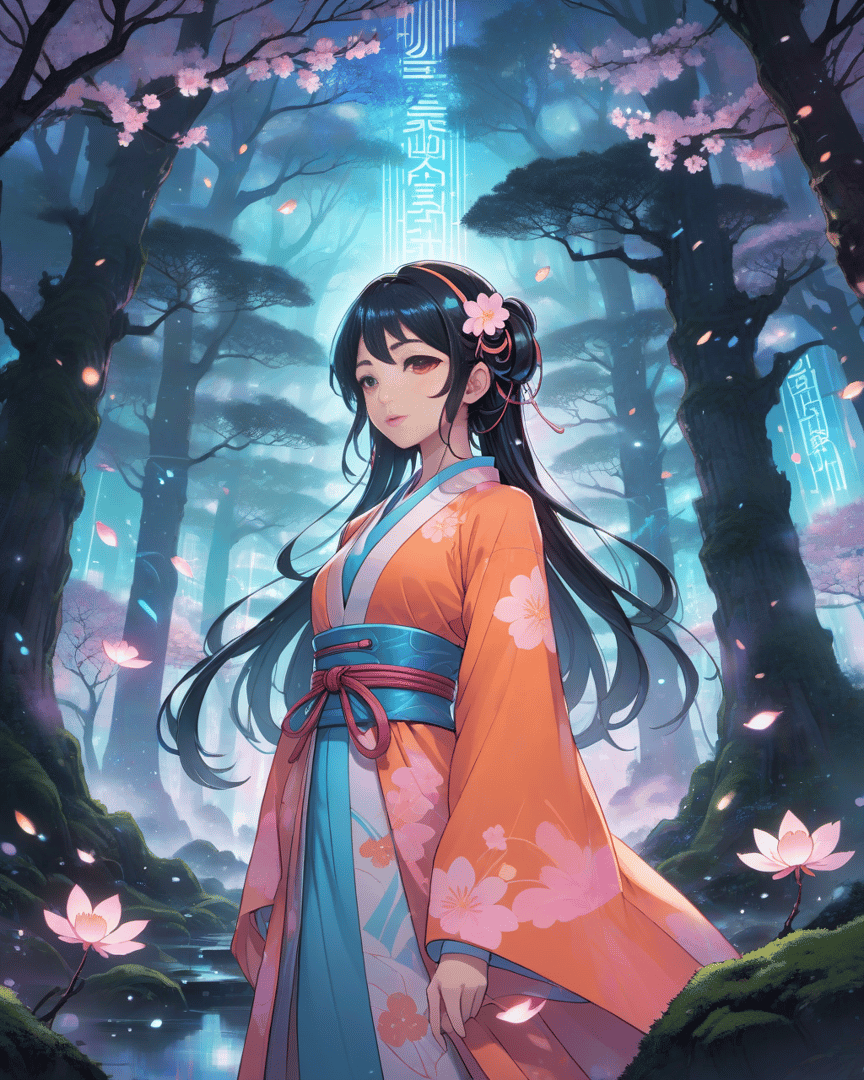 AI generated wallpaper featuring woman, cherry blossom, forest