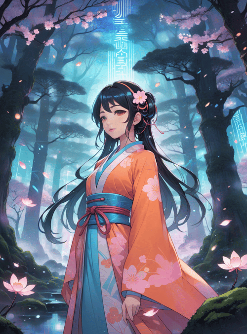woman, cherry blossom, forest