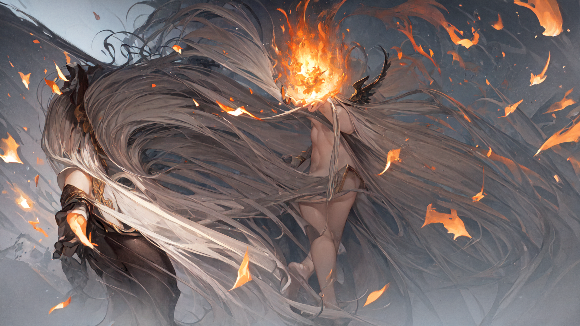 AI generated wallpaper featuring woman, fire, angel