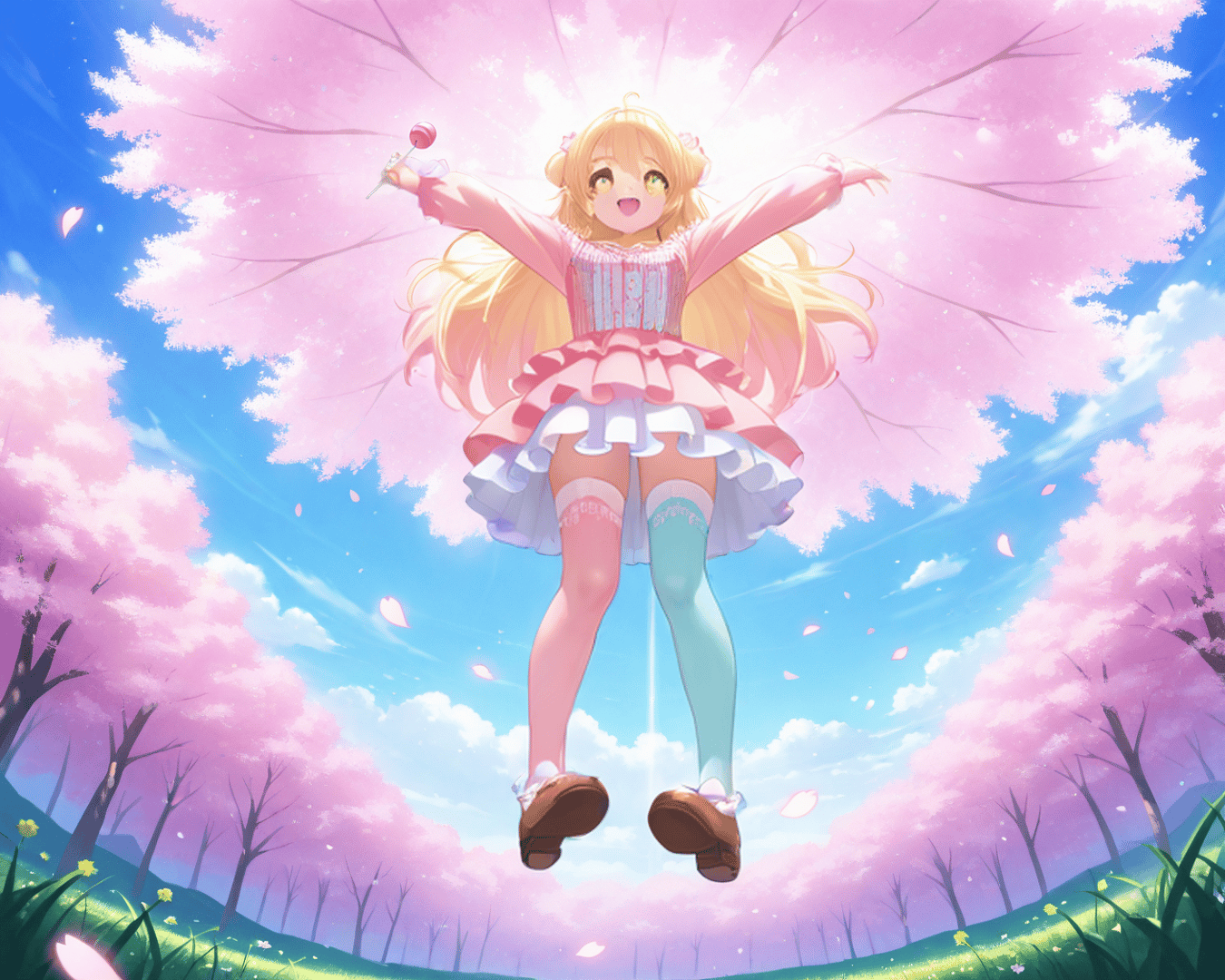 AI generated wallpaper featuring girl, cherry blossoms, lollipop