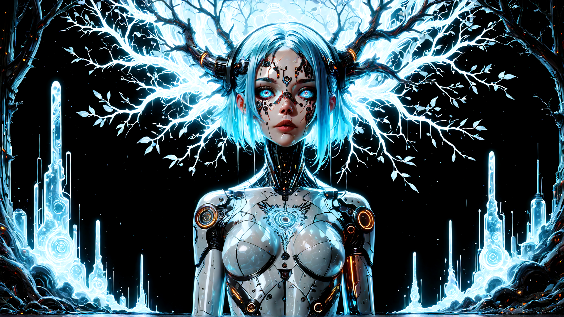 AI generated wallpaper featuring cyborg, tree, neon, robot, goddess, city