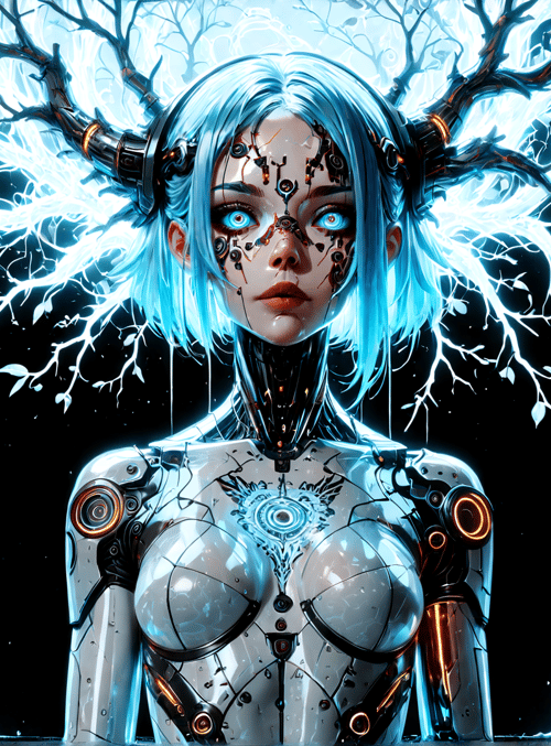 cyborg, tree, neon, robot, goddess, city