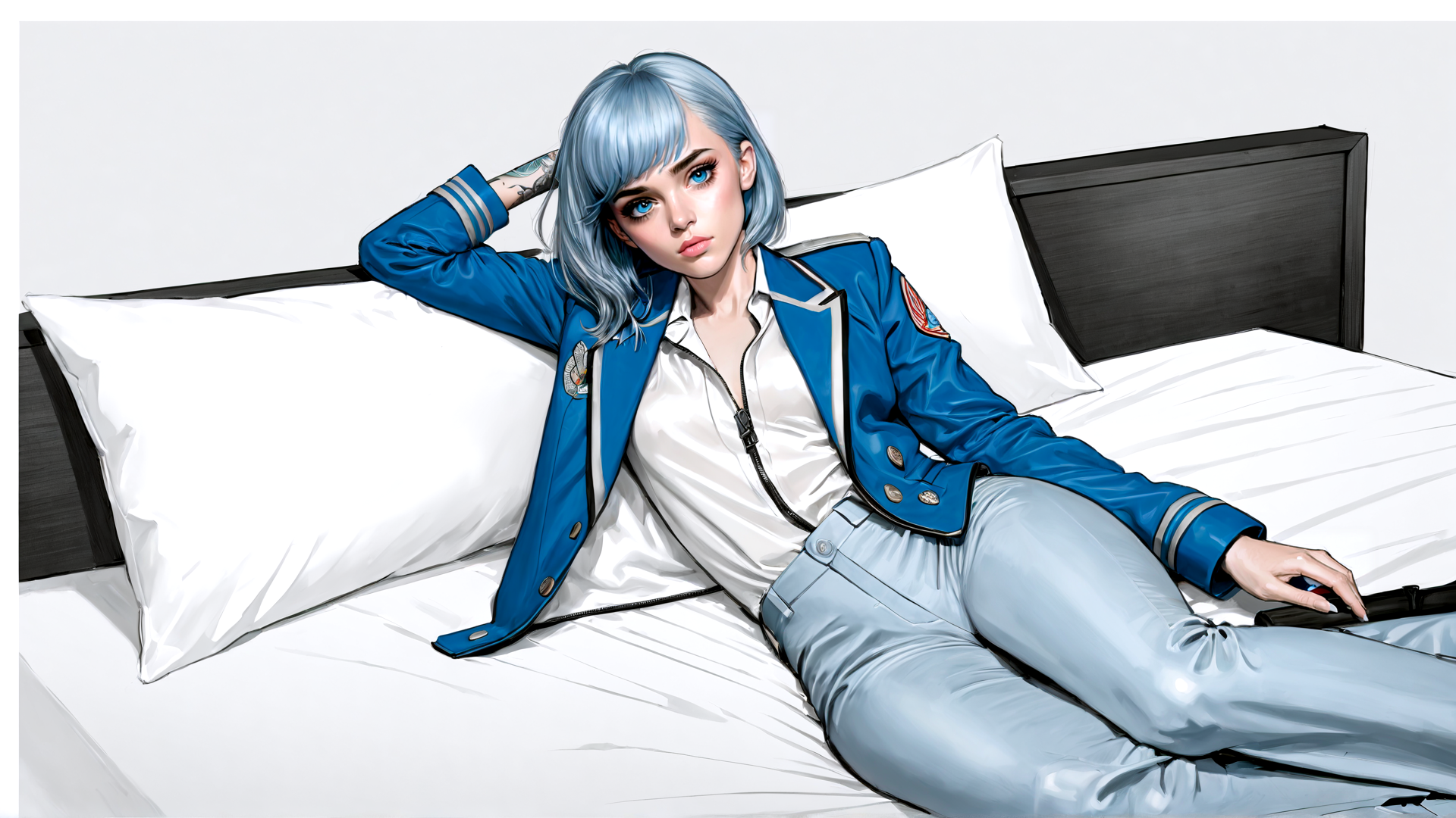 AI generated wallpaper featuring woman, bed, jacket, jeans, pillow, tattoo, remote