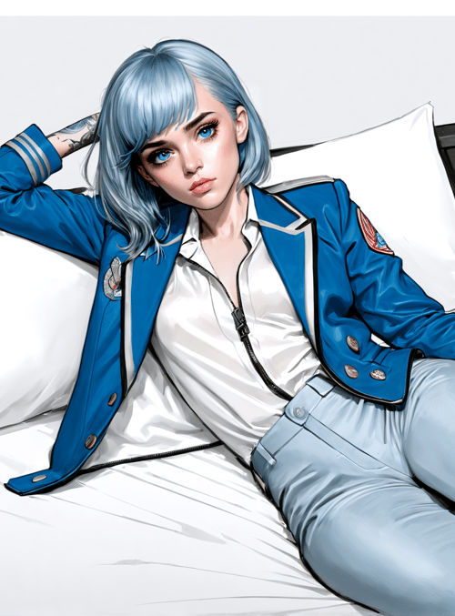 woman, bed, jacket, jeans, pillow, tattoo, remote
