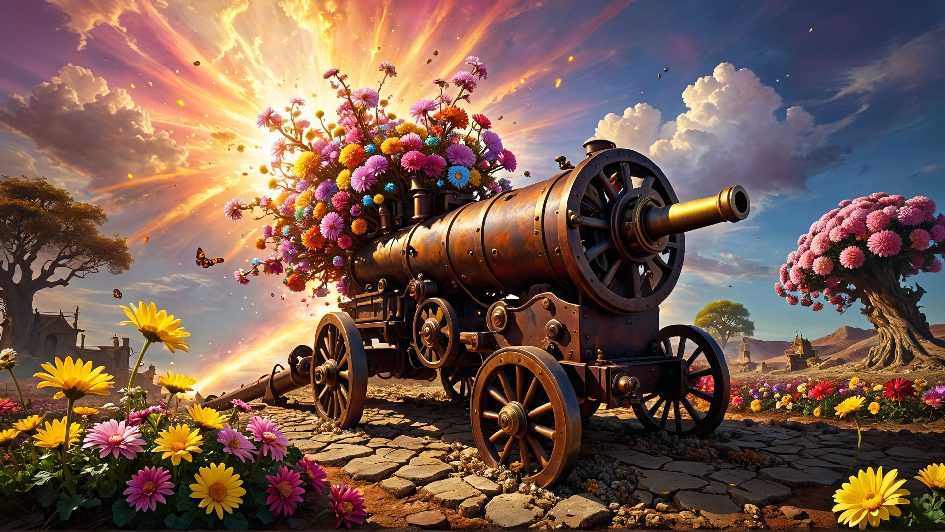 AI generated wallpaper featuring cannon, flowers, butterfly, tree, sunlight