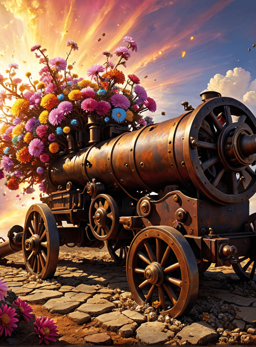 cannon, flowers, butterfly, tree, sunlight