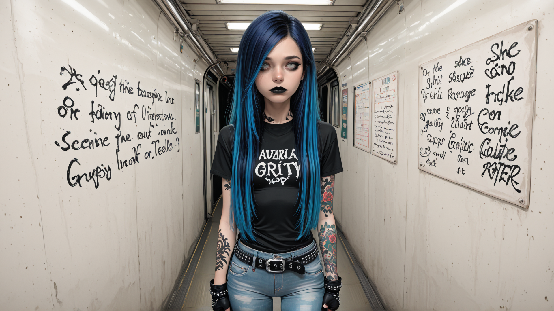 AI generated wallpaper featuring girl, woman, tattoo, graffiti, train, subway