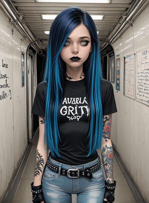 girl, woman, tattoo, graffiti, train, subway