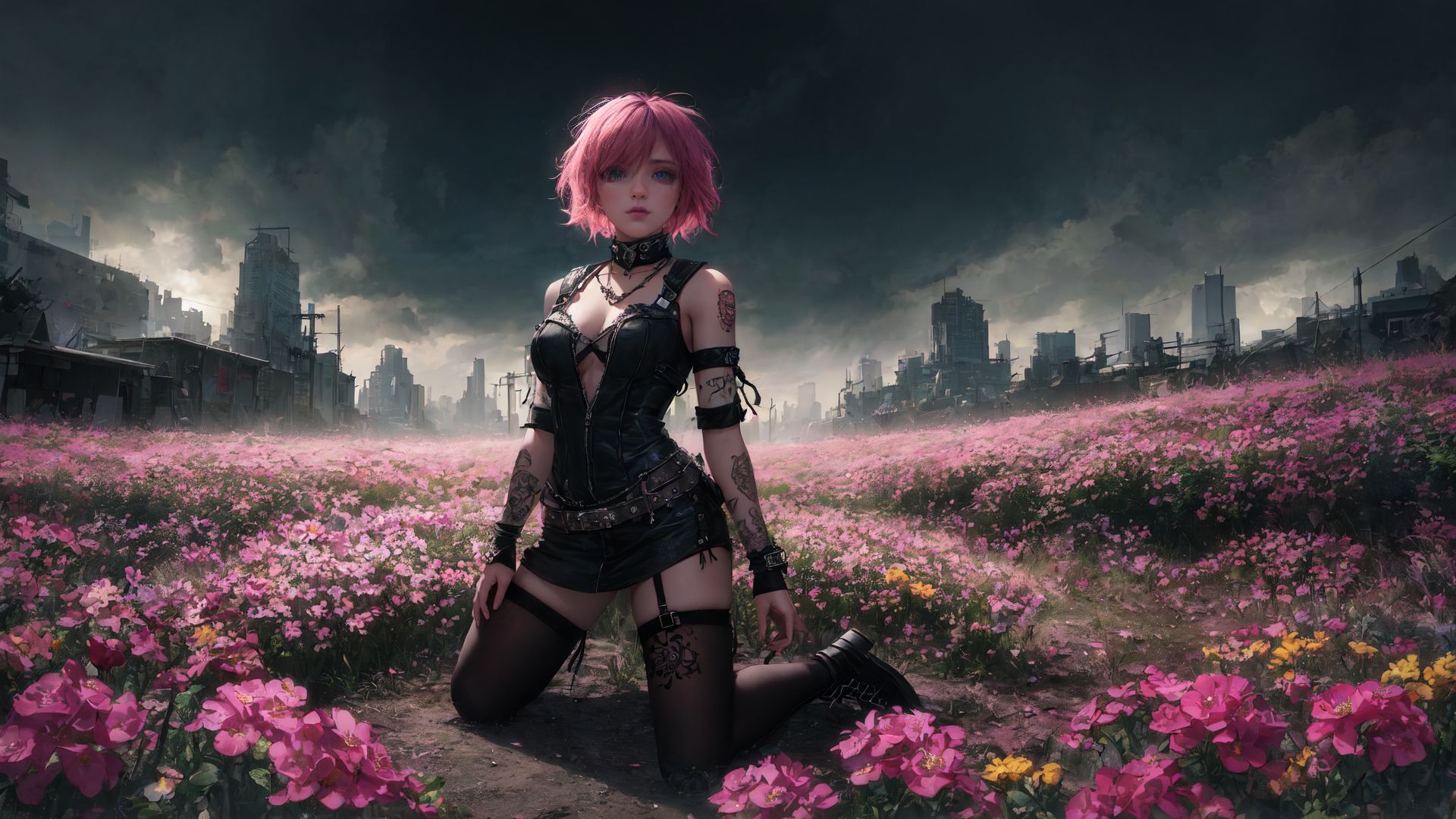 AI generated wallpaper featuring cyborg, girl, flowers
