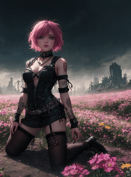 cyborg, girl, flowers