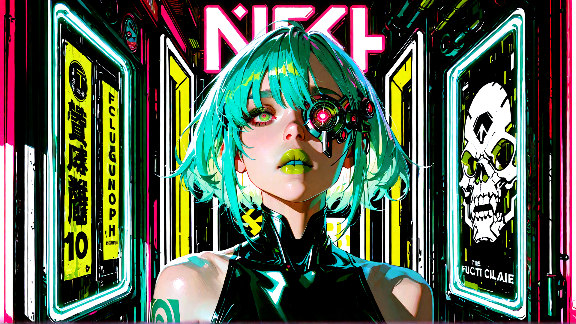 AI generated wallpaper featuring cyborg, neon, skull, sign, futuristic, woman, glasses, posters, hair, goggles