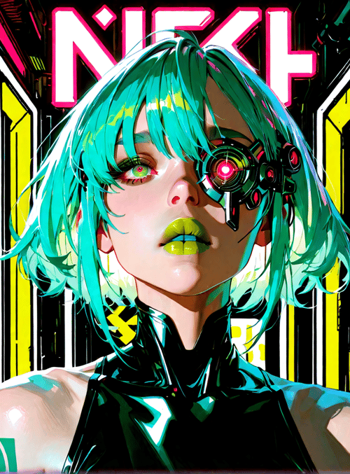 cyborg, neon, skull, sign, futuristic, woman, glasses, posters, hair, goggles