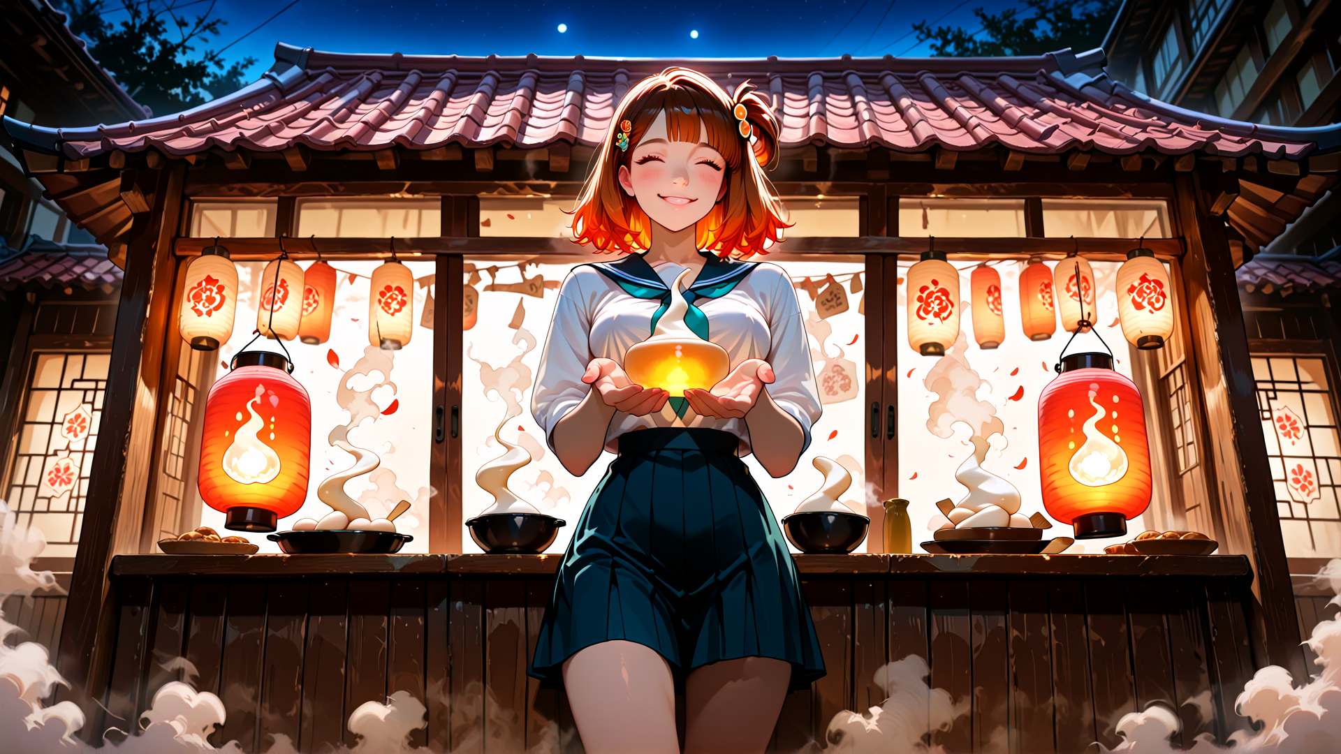 AI generated wallpaper featuring girl, lantern, food, house, bowl, sailor uniform, smoke, lantern, food, bowl