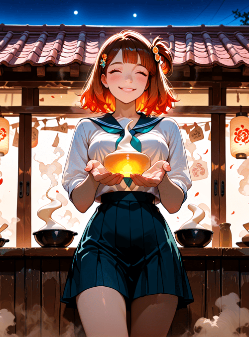 girl, lantern, food, house, bowl, sailor uniform, smoke, lantern, food, bowl