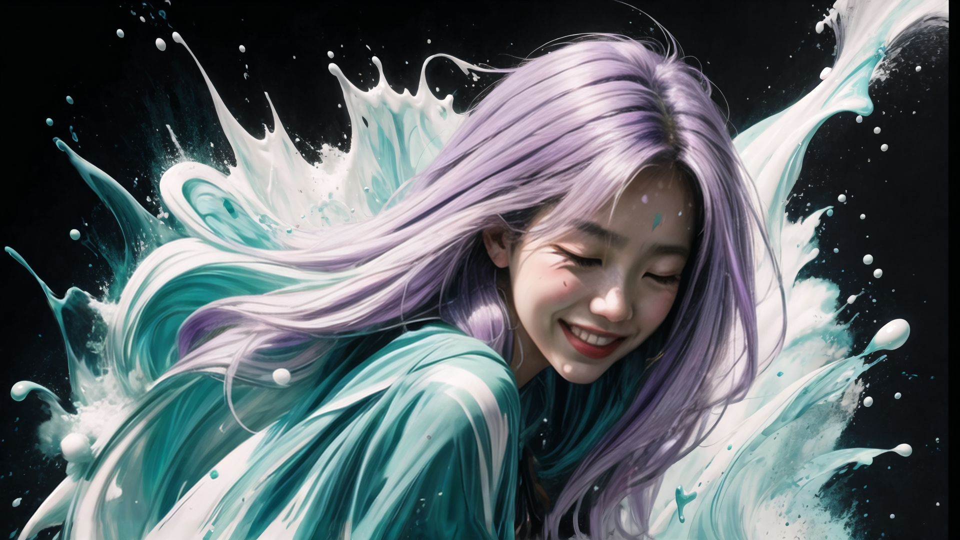 AI generated wallpaper featuring woman, hair, splash
