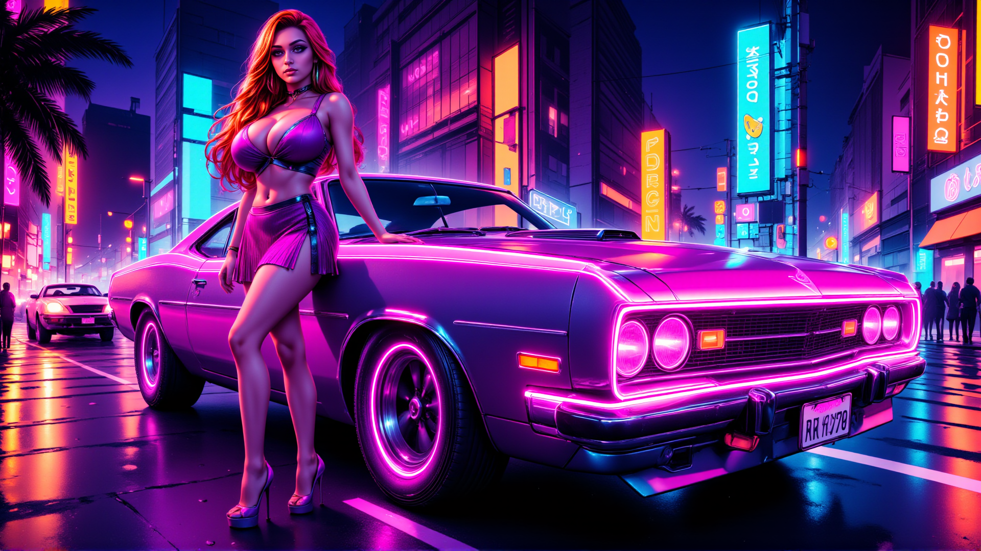 AI generated wallpaper featuring woman, car, neon