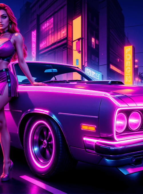 woman, car, neon
