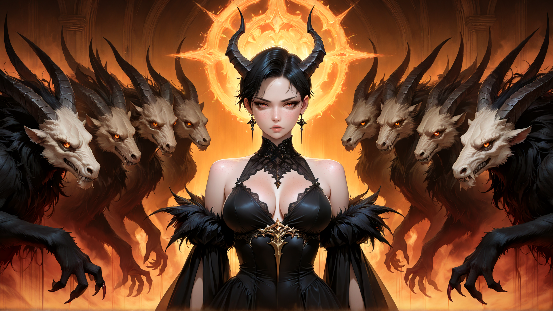 AI generated wallpaper featuring woman, horned creatures, goat heads