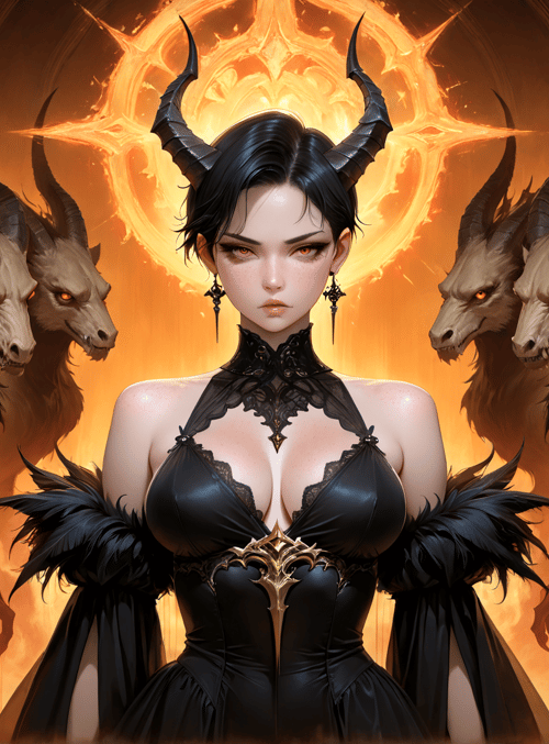woman, horned creatures, goat heads