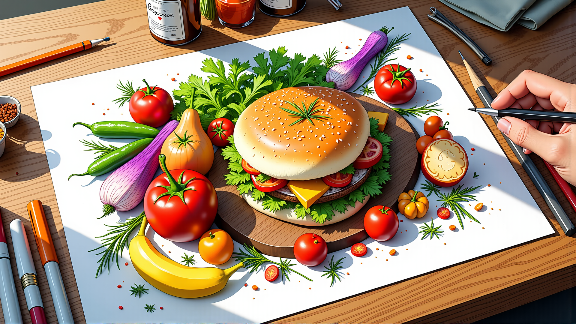 AI generated wallpaper featuring burger, vegetables, art