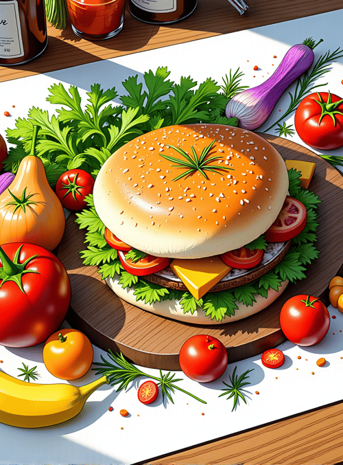 burger, vegetables, art