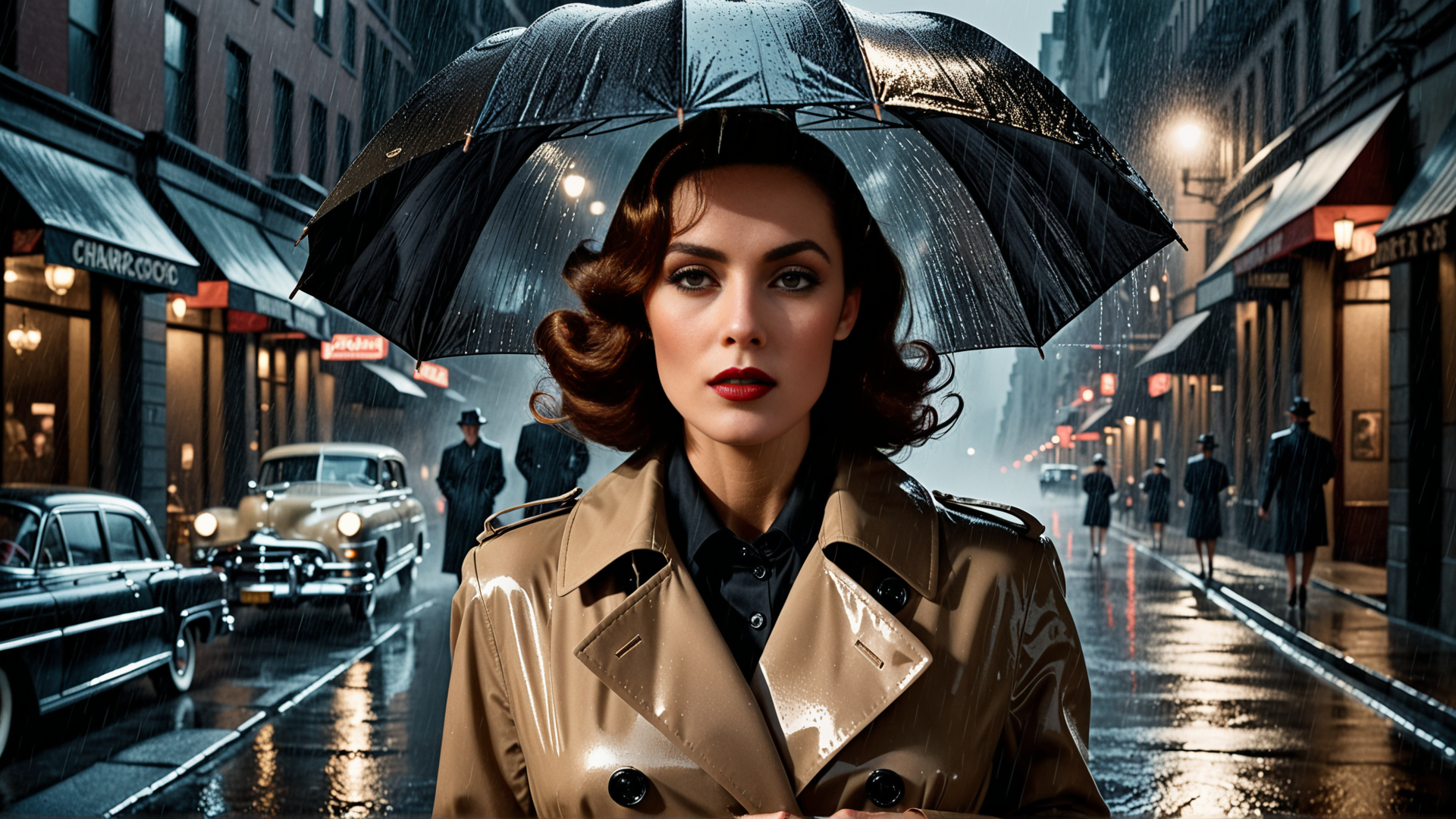AI generated wallpaper featuring woman, umbrella, street