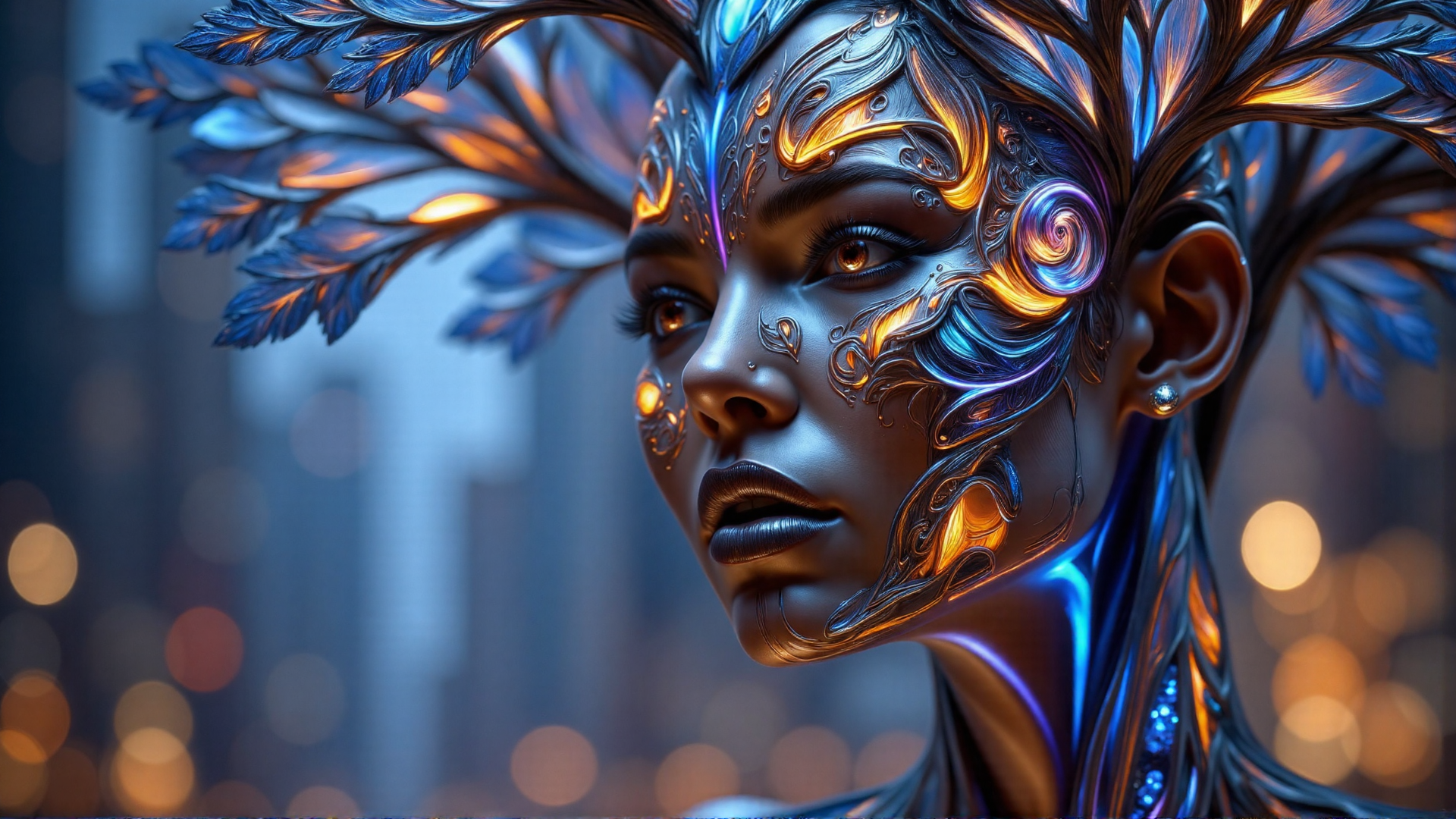 AI generated wallpaper featuring woman, art, futuristic, glowing, ornate, neon, cyberpunk, digital, abstract, nature