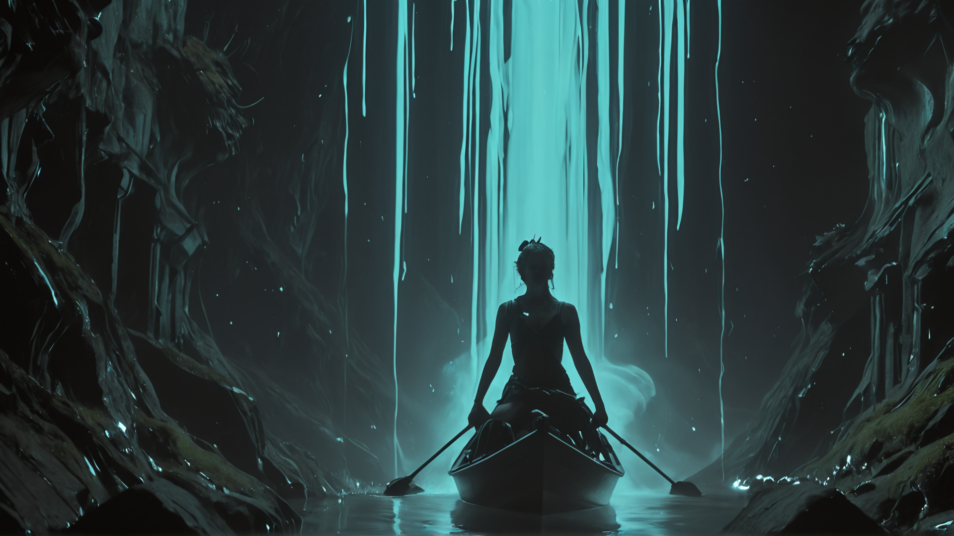 AI generated wallpaper featuring woman, boat, cave
