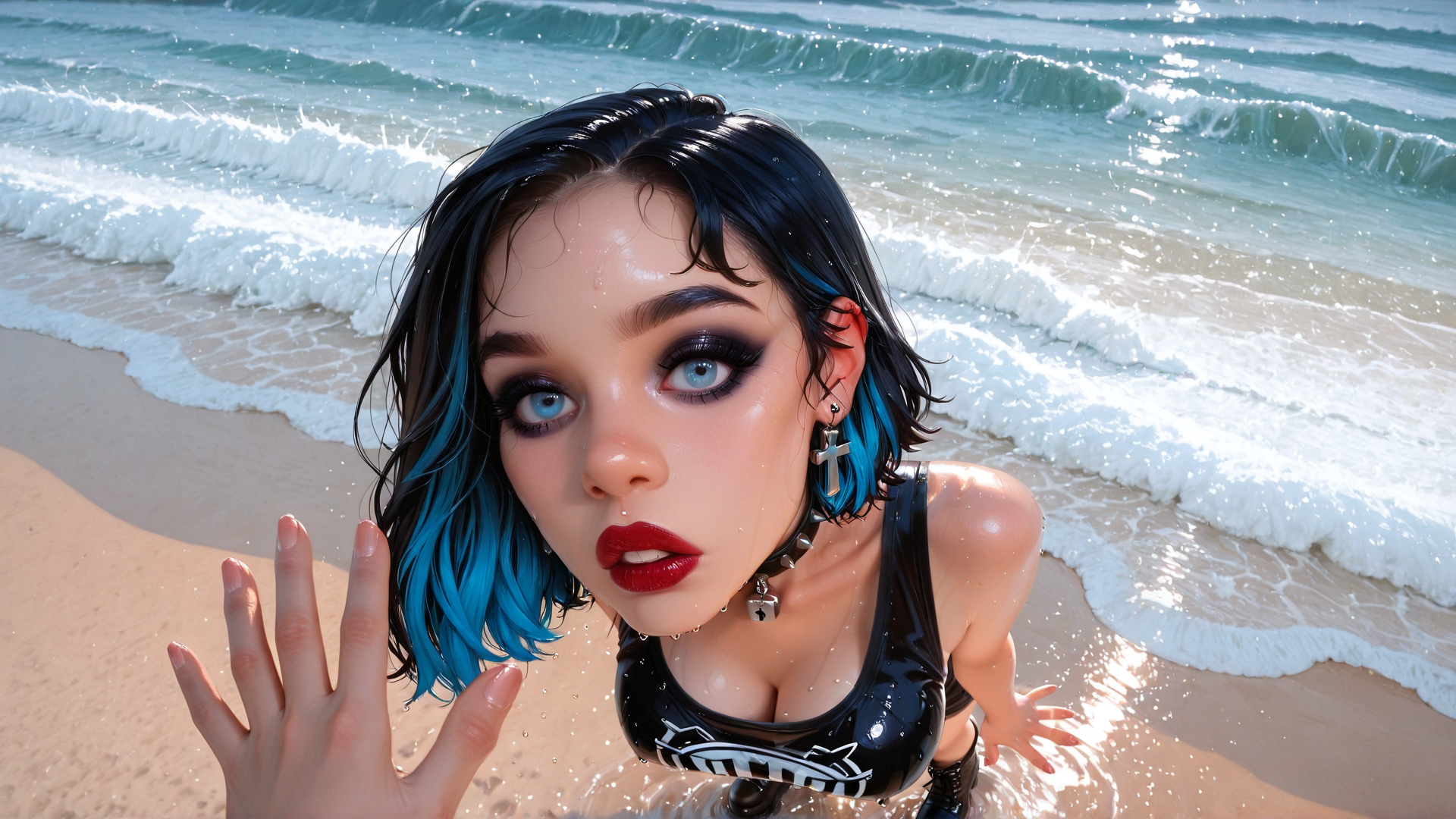 AI generated wallpaper featuring woman, beach, waves, hair, swimsuit, hand, sand