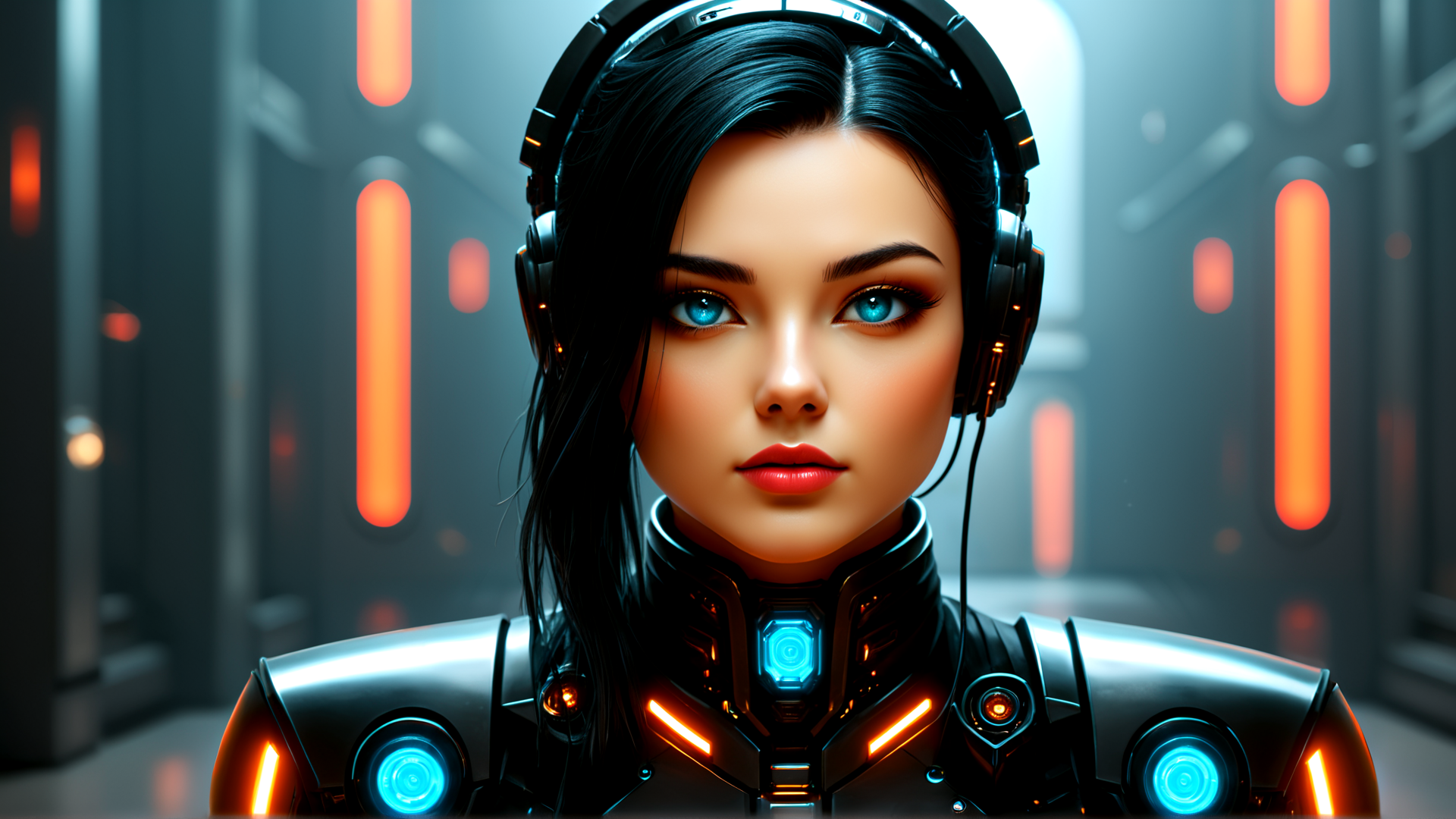 AI generated wallpaper featuring cyborg, woman, headphones, armor, goggles