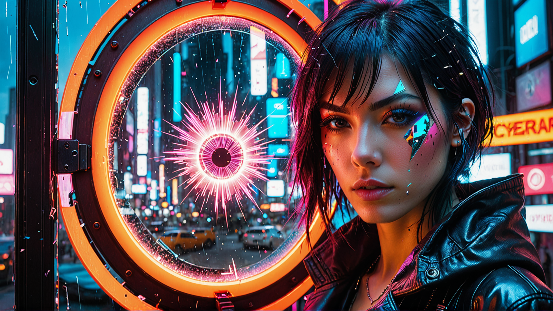 AI generated wallpaper featuring woman, neon, city, mirror, signage, cyberpunk, traffic, sparkles, urban, glow