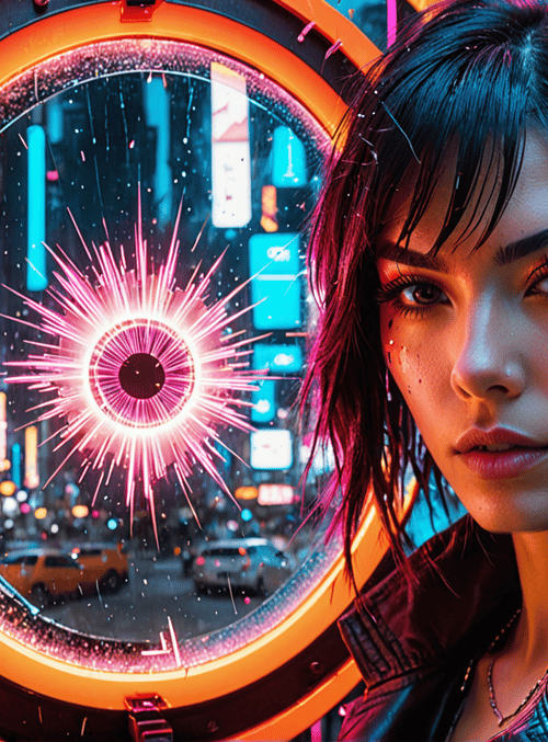 woman, neon, city, mirror, signage, cyberpunk, traffic, sparkles, urban, glow