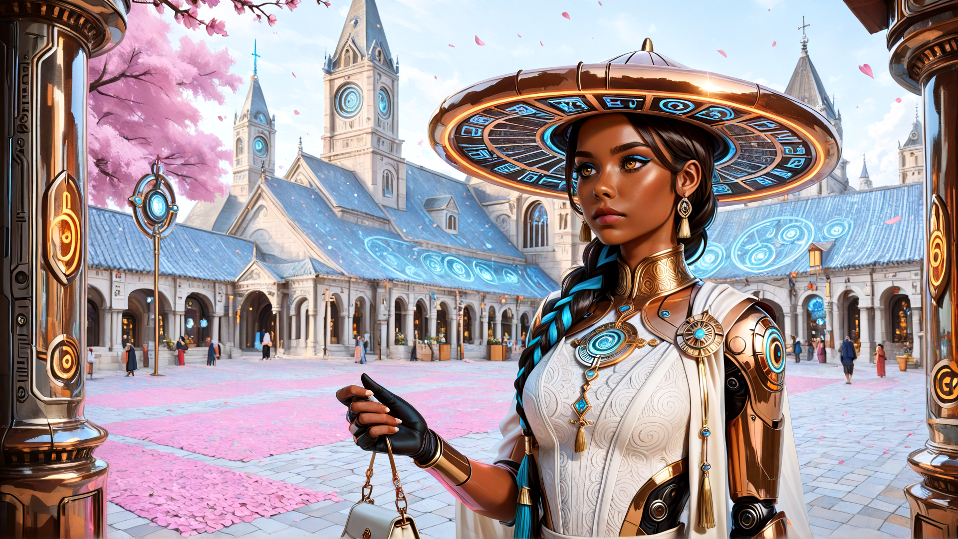 AI generated wallpaper featuring woman, clock tower, cherry blossom, armor, hats, building, sacred site, people, sacred architecture, chapel