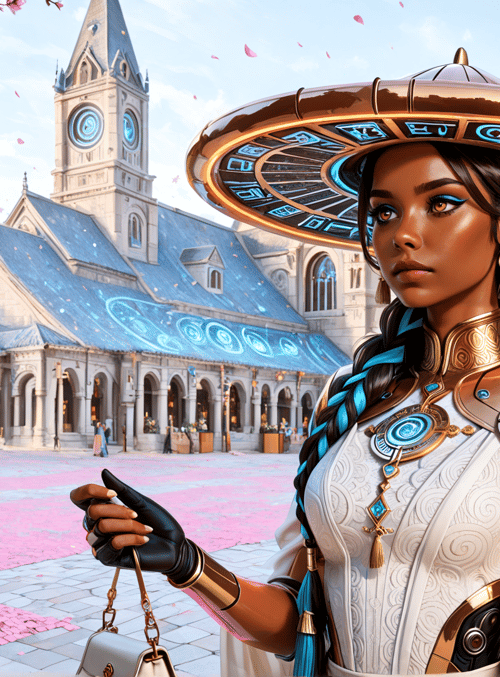 woman, clock tower, cherry blossom, armor, hats, building, sacred site, people, sacred architecture, chapel