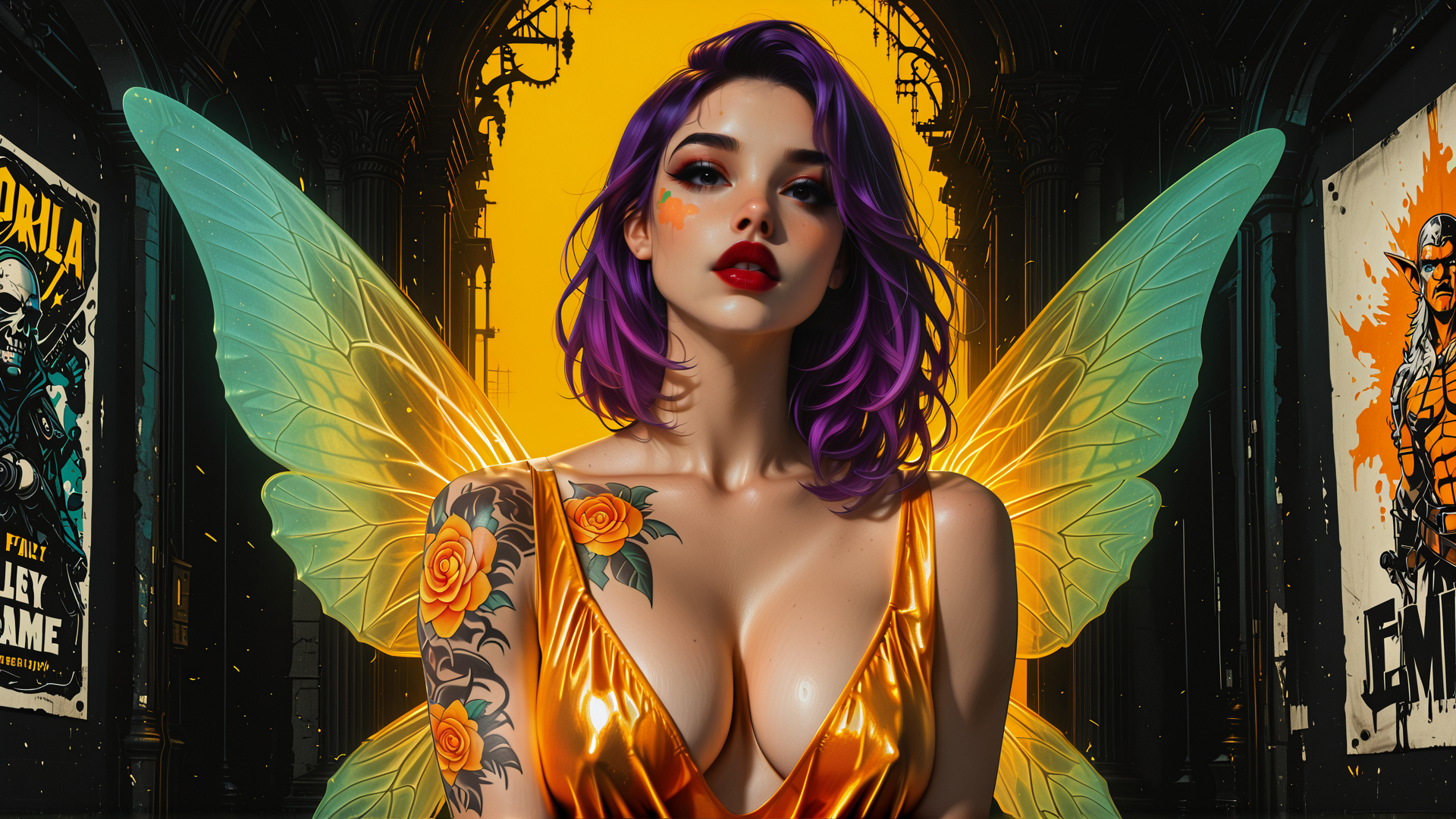 AI generated wallpaper featuring fairy, woman, tattoo, wings, poster, skull, rose, building, hair, dress