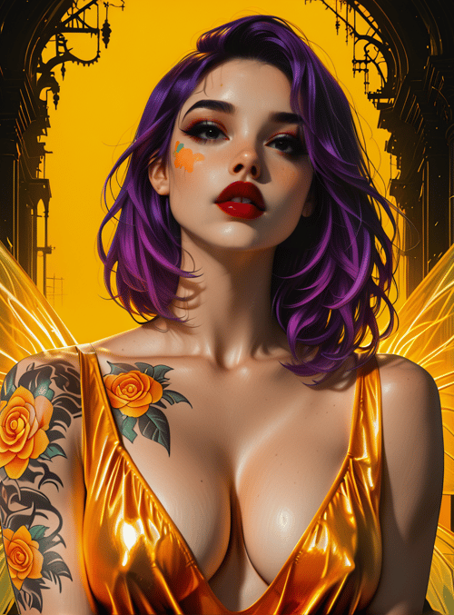 fairy, woman, tattoo, wings, poster, skull, rose, building, hair, dress
