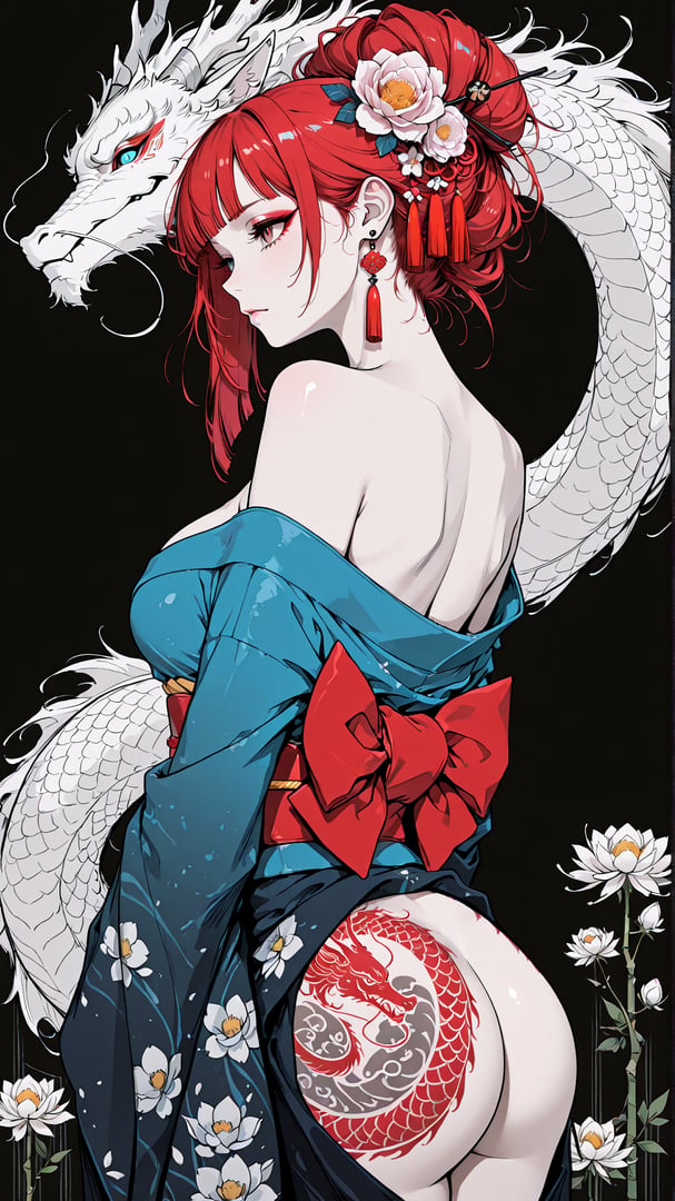 AI generated wallpaper featuring woman, dragon, lotus, kimono, hair