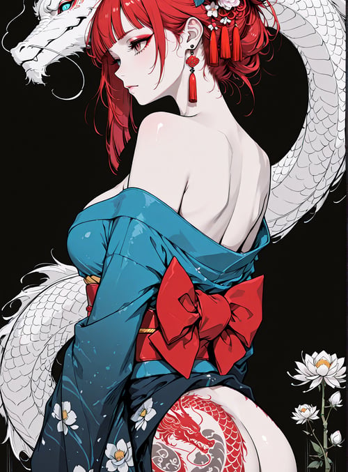 woman, dragon, lotus, kimono, hair