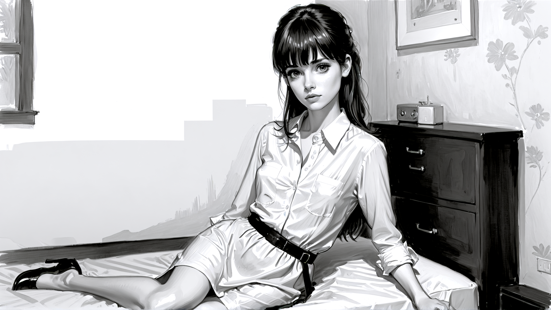 AI generated wallpaper featuring woman, bed, dresser, shoes, belt, shirt, skirt, window, wallpaper, radio
