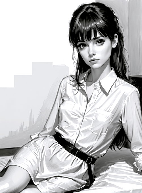 woman, bed, dresser, shoes, belt, shirt, skirt, window, wallpaper, radio