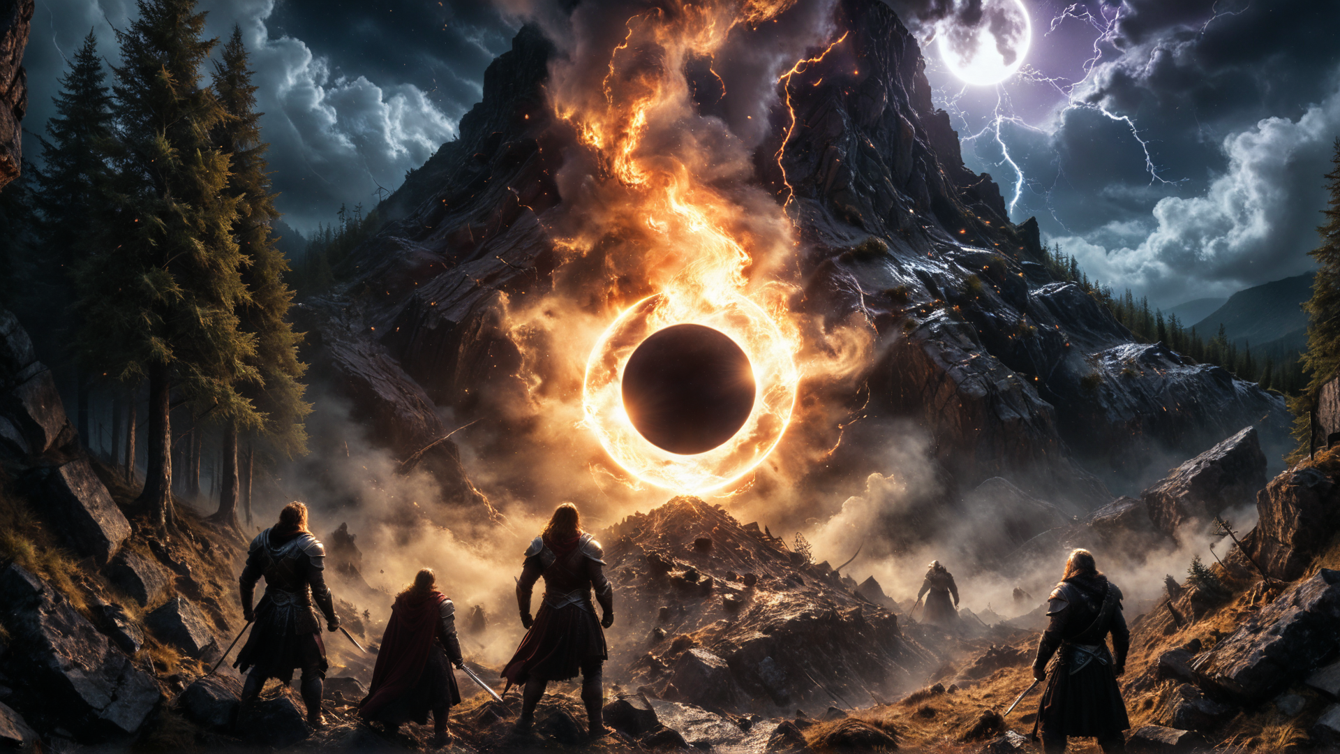 AI generated wallpaper featuring warriors, ring, mountain